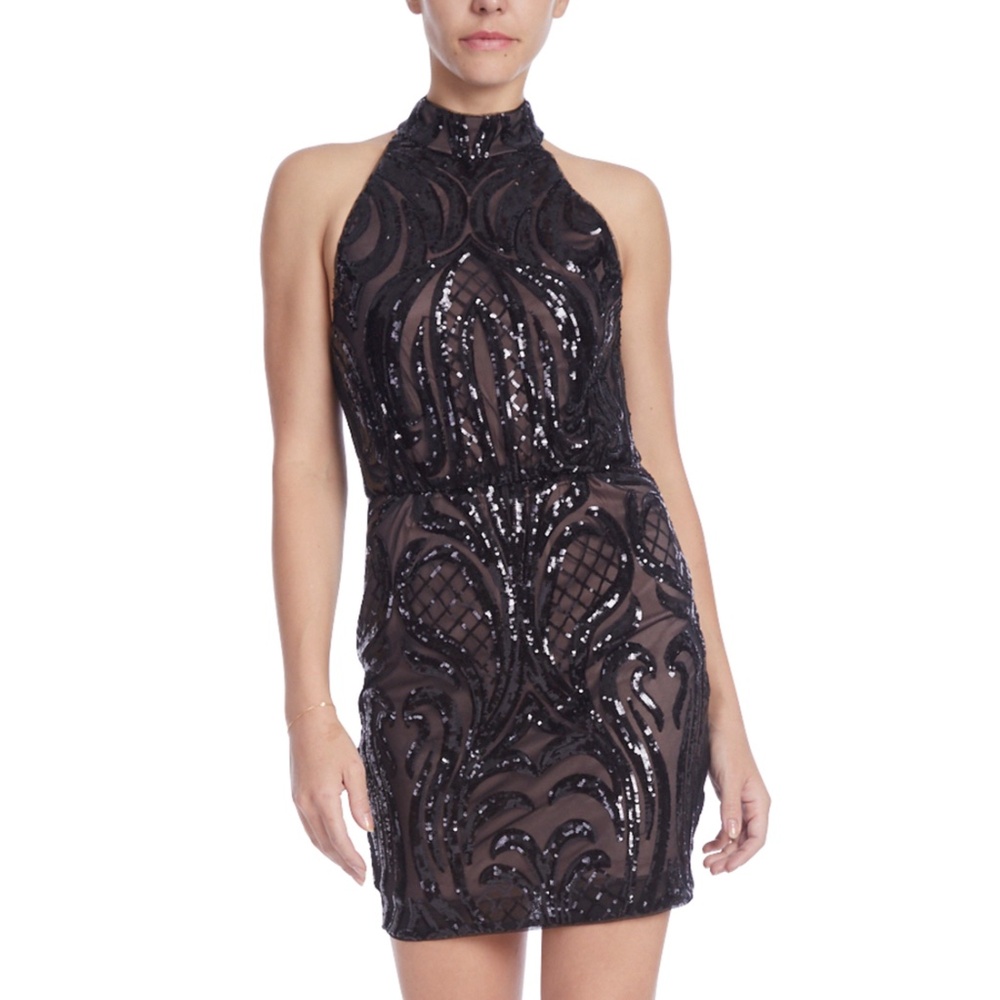 BADGLEY MISCHKA Scroll Sequin Halter Mini Dress Size 4 NWT
